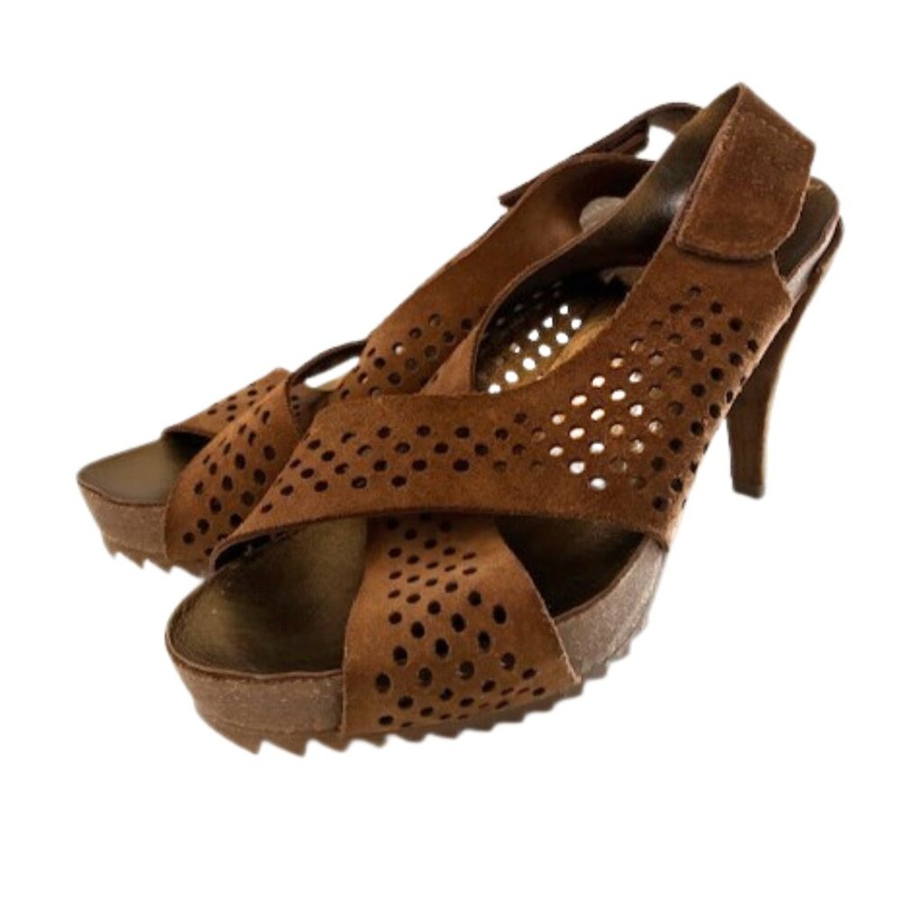 Pedro Garcia Tobacco Suede Cross Strap Platform Sandal | 4.25” Heel | Size 8.5